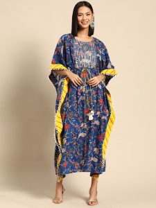 Blue & Yellow Floral Printed Kimono Sleeve Cotton Kaftan Maxi Dress