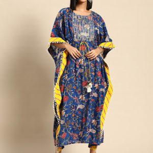 Blue & Yellow Floral Printed Kimono Sleeve Cotton Kaftan Maxi Dress