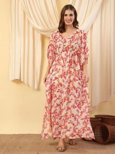 Women V-Neck Georgette Kaftan Maxi Dress