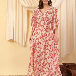 Women V-Neck Georgette Kaftan Maxi Dress