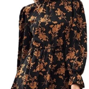 Women's Mock Neck Long Sleeve Floral Print Ruffle Short Dress