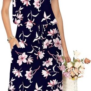 Simier Fariry Womens Summer Short Sleeve Midi Casual Dress Pockets Spring Hide Belly Teacher Outfits Easy Travel Clothes