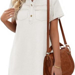 Women's Short Sleeve Denim Dress Button Down Collared Loose Fit Summer Casual Jean Shirt Mini Dresses