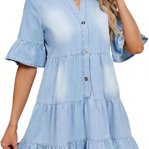 CYLADY Women’s Floral Print V‑Neck Wrap Long Sleeve A‑Line Flowy Swing Mini Dress