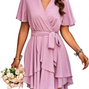 TcIFE Women's Casual Dress Deep V-Neck Short Sleeve Waist Tie Ruffle Chiffon Elegant Mini Short Swing Skater Dresses