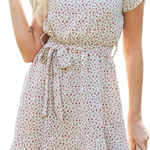 TcIFE Women's Casual Dresses – Summer Short Sleeve Crew Neck Dress Elegant Ruffle Hem and Boho Floral Print Dresses