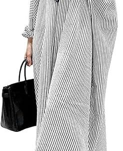 utcoco Womens Striped Long Sleeve Dress Casual Loose Button Down Cotton Maxi Shirt Dress