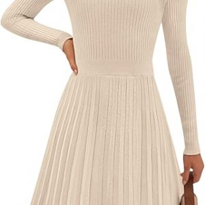 MEROKEETY Women's 2025 Long Sleeve Mini Sweater Dress Crewneck Ribbed Knit A Line Pleated Swing Short Dresses