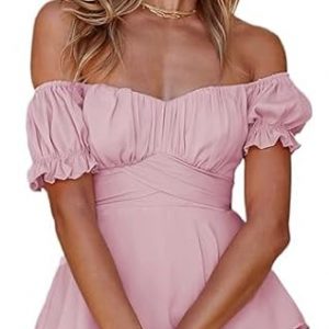 Women’s Summer Sexy Dress Elegant Off Shoulder V Neck Short Sleeve A Line Flowy Swing Ruffle Babydoll Wedding Guest Mini Dresses Casual Solid Tie Backless Party Shirred Skater Short Dress Sundress, L