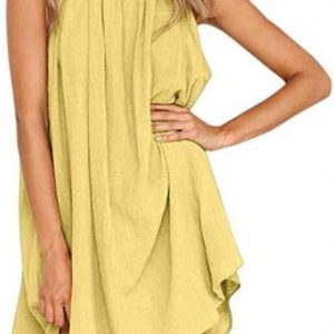 JQAM Halter Neck Dresses for Women Summer Mini Dress Loose Solid Tank Top Pleated Short Beach Dress