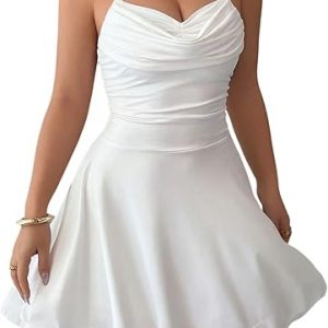 GORGLITTER Women's Ruched Cowl Neck Halter Tie Cami Dresses A Line Tiered Ruffle Mini Cocktail Dress