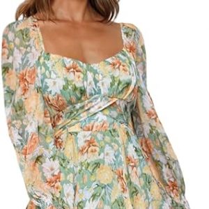 Women's Floral Ruffle Mini Dress Square Neck Smocked Summer Tiered Chiffon Elegant Short Swing Babydoll Skater Sun Dress Fashion Backless Party Wedding Dress Casual Long Sleeve Flowy A-Line Boho