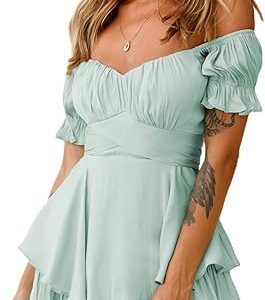Women’s Summer Sexy Dress Elegant Off Shoulder V Neck Short Sleeve A Line Flowy Swing Ruffle Babydoll Wedding Guest Mini Dresses Casual Solid Tie Backless Party Shirred Skater Short Dress Sundress
