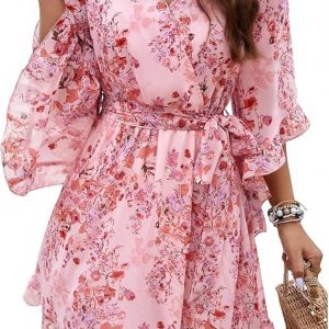 TcIFE Womens Summer Casual Dresses V Neck Ruffle Sleeve Floral A Line Swing Mini Dress with Belt