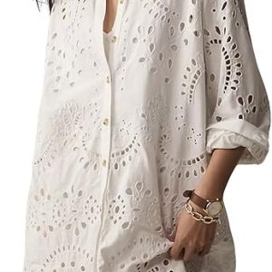 CHARTOU Women's Eyelet Lace Summer Dress, Button-Down Shirt, Loose Fit, Casual Mini Dress