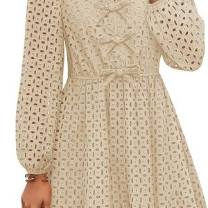 ZESICA Women's Long Sleeve Mini Dress 2025 Fall Crewneck Tie Front Hollow Out Eyelet Babydoll A Line Short Dresses