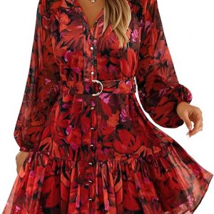 ZESICA Womens Floral Long Sleeve Mini Dress 2025 Button Chiffon A Line Swing Wedding Guest Cocktail Party Short Dresses