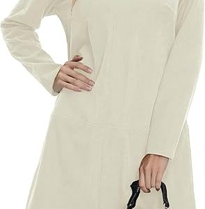 Women Corduroy Dress V Neck Long Sleeve Casual Vintage Retro A Line Mini Dresses