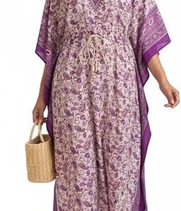 V-Neck Printed Kaftan Multicolour Women's Essentials Tribal Ethnic Print Long Kaftan maxi dress with adjustable waist one size
