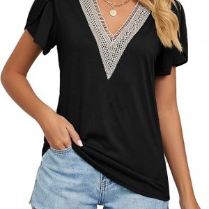 Women’s V-Neck Lace-Trim Top – Loose-Fit Soft Polyester Tee