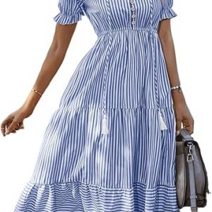 Women's Sleeveless V-Neck Striped Midi Shirt Dress