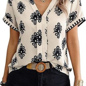 Women’s Graphic V-Neck Pleated Blouse – Dressy Business Top