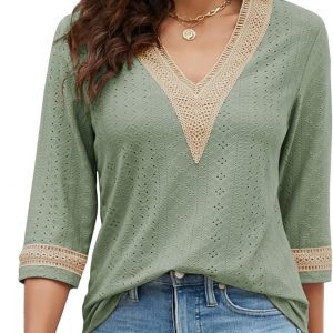 Women's Lace V-Neck Color Block 3/4 Sleeve Top