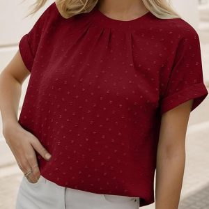 Women’s Swiss Dot Chiffon Blouse – Dressy Casual Short Sleeve Top