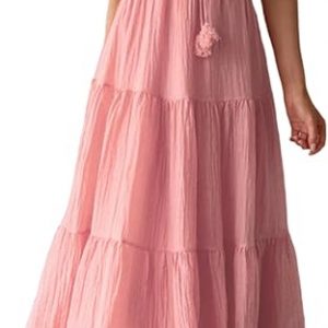 NUFIWI Women's Boho Maxi Summer Beach Dress, Sleeveless, Ruched Swing Style, Tie BackGIVE DISCRIPTION AND SHORT DESCRIPTION