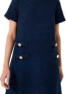 Women's Tweed Dress Elegant Crew Neck Short Sleeve Dress Button Bodycon Mini Skirt