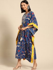 Blue & Yellow Floral Printed Kimono Sleeve Cotton Kaftan Maxi Dress