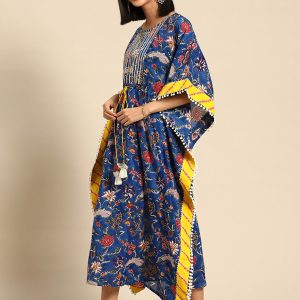 Blue & Yellow Floral Printed Kimono Sleeve Cotton Kaftan Maxi Dress
