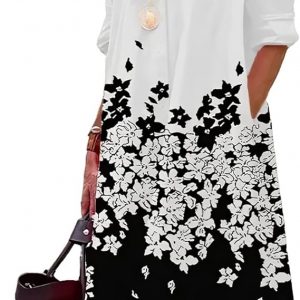 Womens Linen Dress Long Sleeve Summer Dresses for Women Dress Plus Size Loose Shirt Dresses for Women with 2 Pockets, M