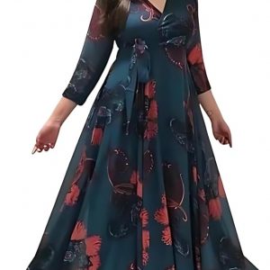 Fashion2wear Women's Georgette Fit And Flare V-Neck Gown Elegant Silhouette In Effortless Style|3/4 Sleeve|Maxi Dress For Women