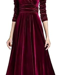 Women s Long Sleeve V Neck Velvet Maxi Dress, V-neck Long Hem Red Velvet Dress (Wine Red XL)