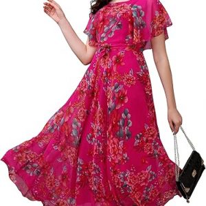 Fashion2wear Women's Georgette Floral Digital Print Short Sleeve Full-Length Fit & Flare Long Gown Dress for Girls (ET-CYWN-E1LE)