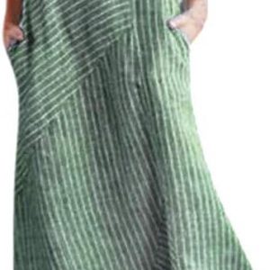 Women's Cotton Linen Maxi Dresses | Striped Print Sleeveless Long Dress with Pocket Crew Neck Casual Loose Party Dresses - M