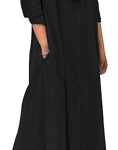 Womens Cotton Shirt Dress Long Sleeve Button Down Front Plus Size Poplin Maxi Shirts Dresses with Pockets