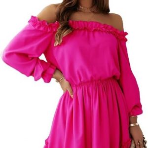 Women's Off The Shoulder Long Sleeve Ruffle Frill Elastic Waist Mini Dress