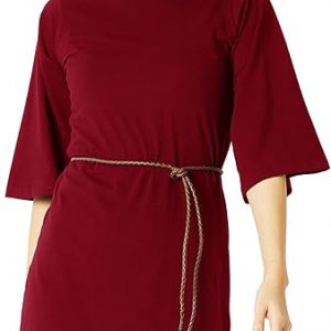 Miss Olive Women's High Round Neck Flared 3/4 Sleeve Cotton Solid Belted Mini Shift Dress(MOAW18D12-18-143-05)