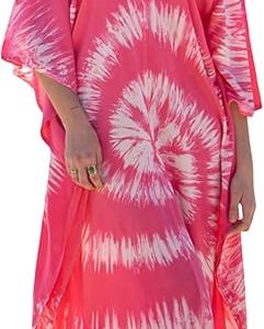 Women's V Neck Front and Back Printed Dress With Comfortable Fabric Kaftan 3/4 Sleeves Loose Fit Beach Vacation Casual Side Slit Dress