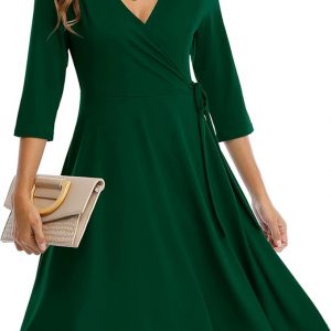 Wrap Dress for Women Casual V Neck Floral Party Swing A-Line Faux Wrap Dresses Midi Length