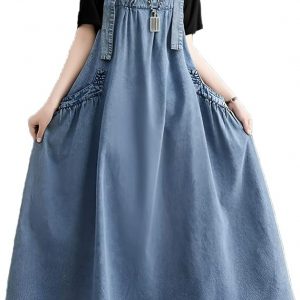 Denim Jumper Dress for Women Loose Version Baggy Style Maxi Length Adjustable Straps Wide Hemline