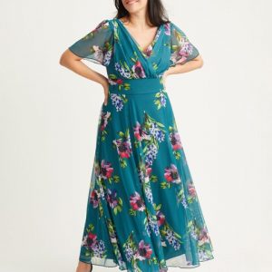 Scarlett & Jo Turquoise Green Floral Isabelle Angel Sleeve Maxi Dress