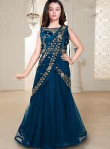 White Button Girls Embellished Beads & Stones Net Ready to Wear Lehenga & Blouse & Dupatta