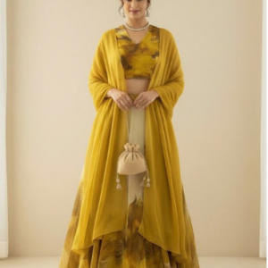 LIPS CROWN Printed Semi-Stitched Organza Lehenga & Ready To Wear Blouse With Dupatta