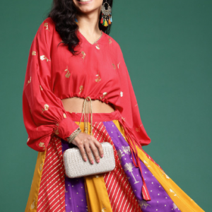 Sangria Foil Printed V-Neck Dolman Sleeves Ready to Wear Lehenga Choli