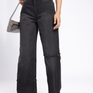 glitchez Women Baggy Wide Leg Panelled High-Rise Frayed Jeans