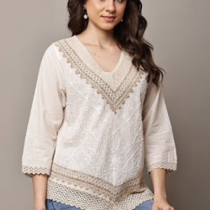 ZHOF Embellished Embroidered Bohemian Cotton Top