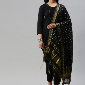 Soch Black & Gold-Coloured Dyed Art Silk Bandhani Dupatta with Zari